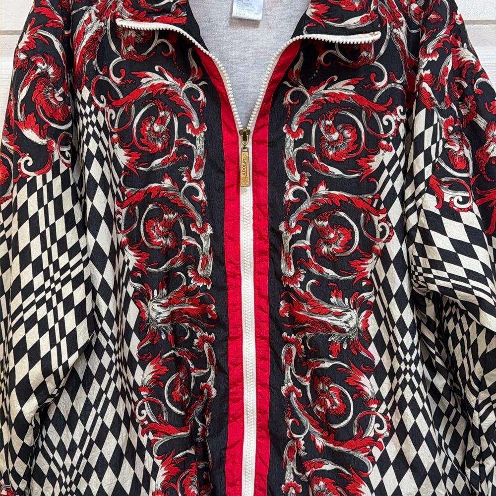 VTG Adolfo Red and Black Patterned Bomber Jacket Windbreaker Size S Zip - Picture 14 of 15
